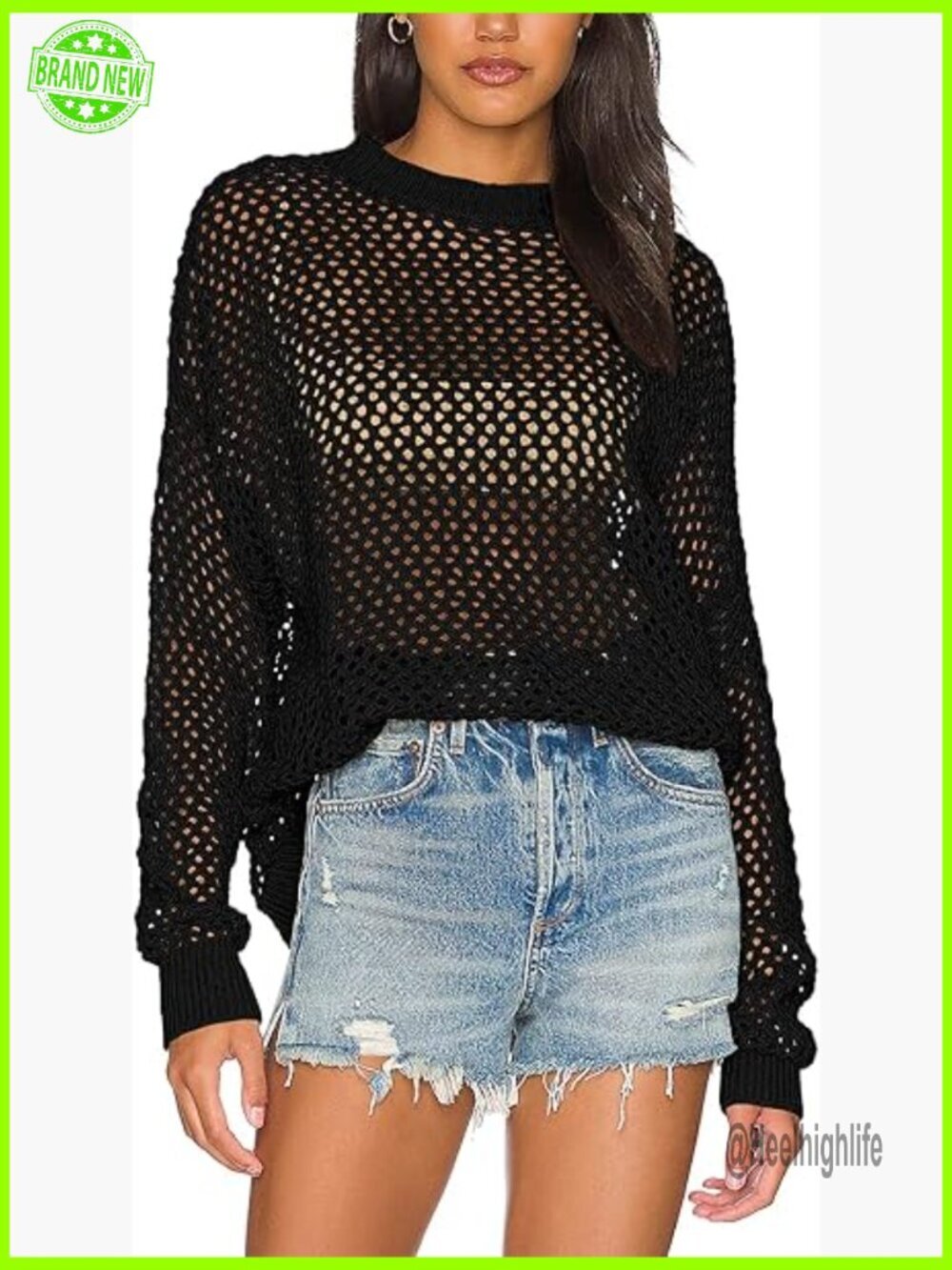 Long Sleeve Crochet Mesh Cover Up Tunic Top Beach Swimsuit Pullover